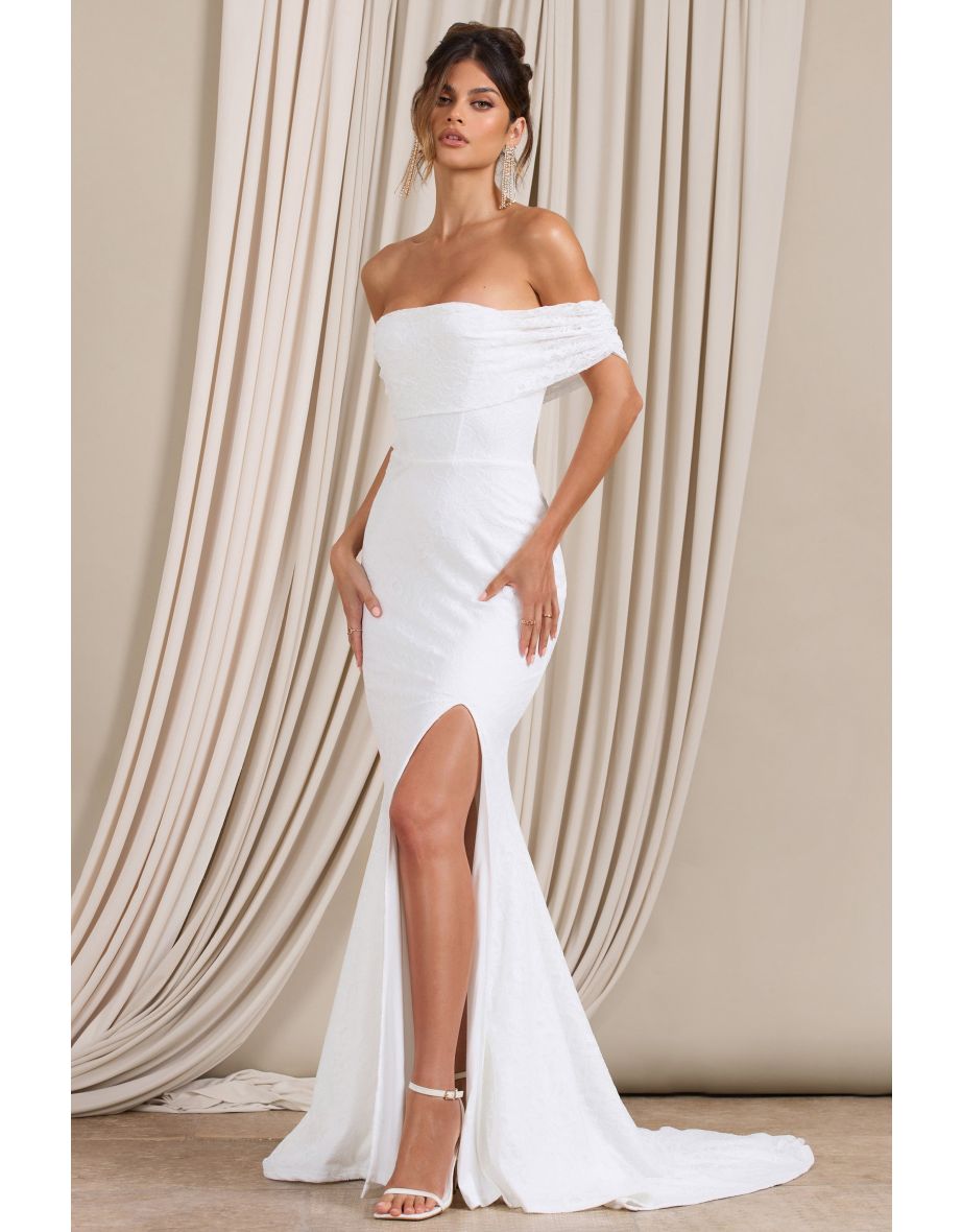 Lilibet | White Long-Sleeved Lace Bardot Split Maxi Dress - 3