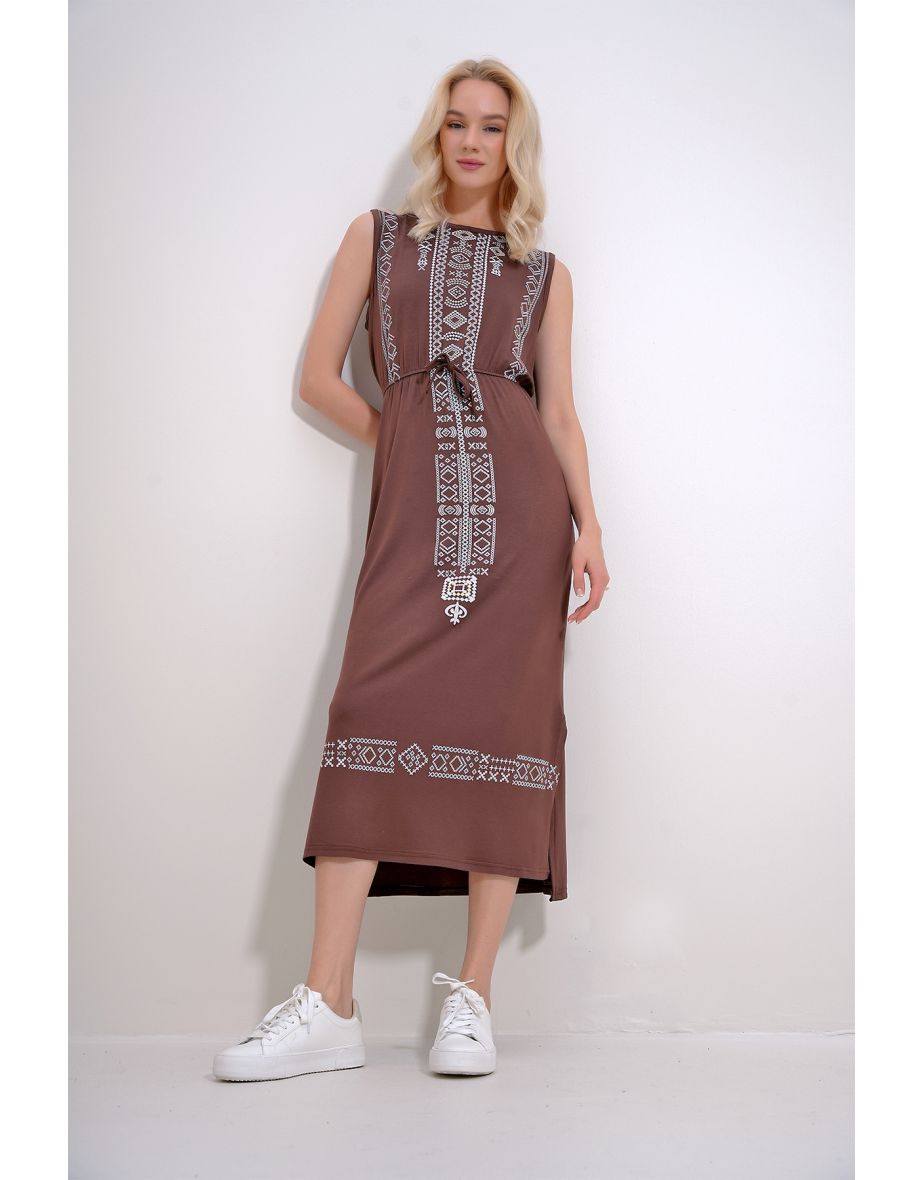 Women's Brown Embroidery Printed Bohemian Dress