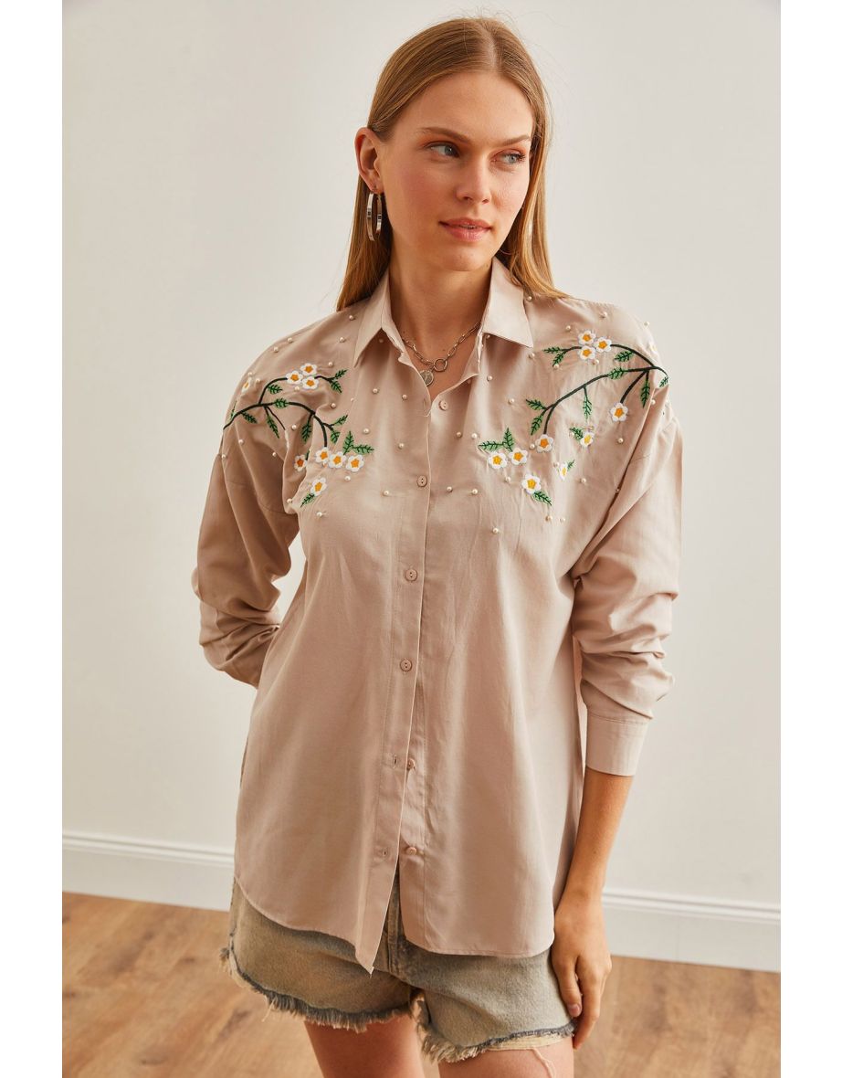 Women's Daisy Stone Embroidery Detailed Oversize Woven Shirt
