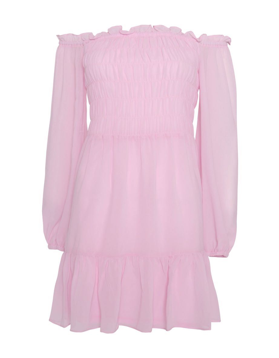 Glamorous Light Pink Long Sleeve Bardot Mini dress with Smocked Bodice and Tiered Skirt