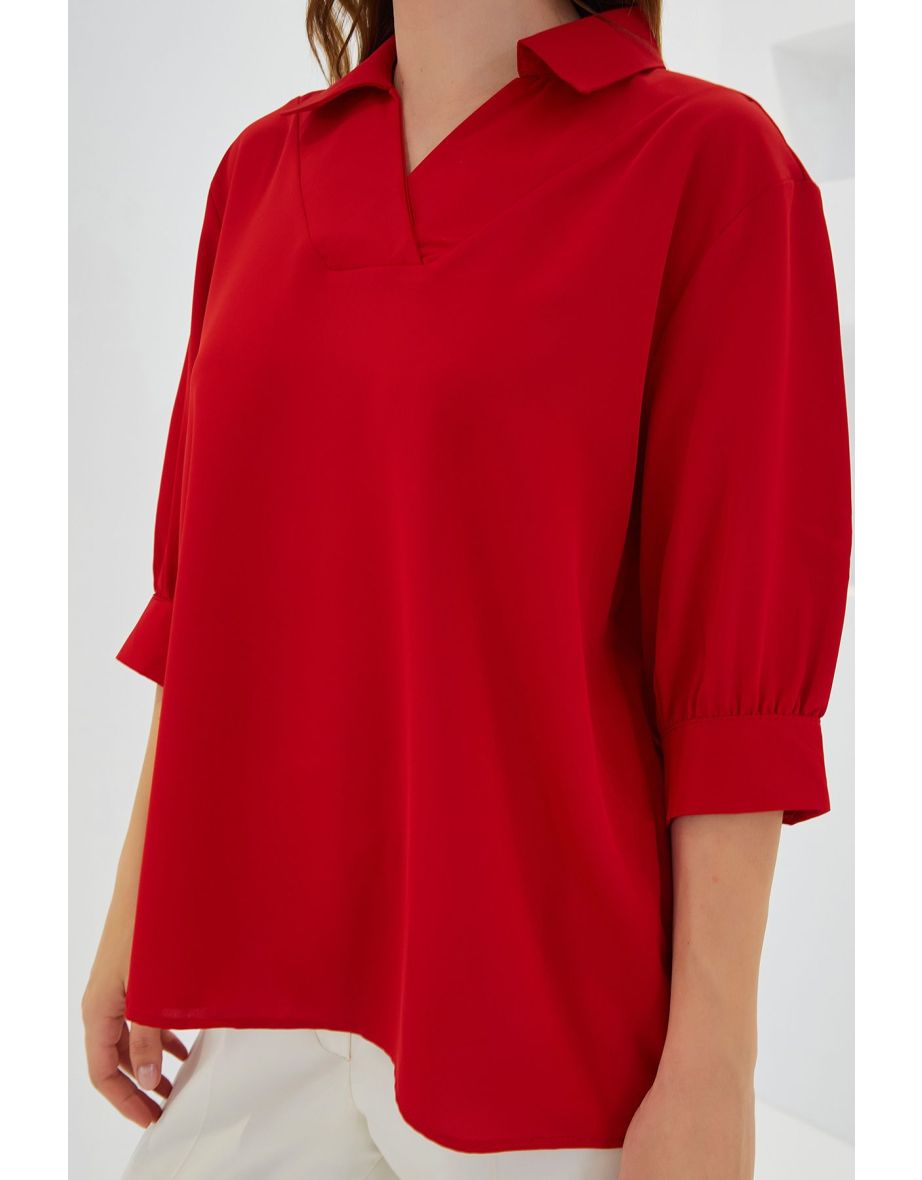 Women's Red Shirt Collar Satin Blouse - 5