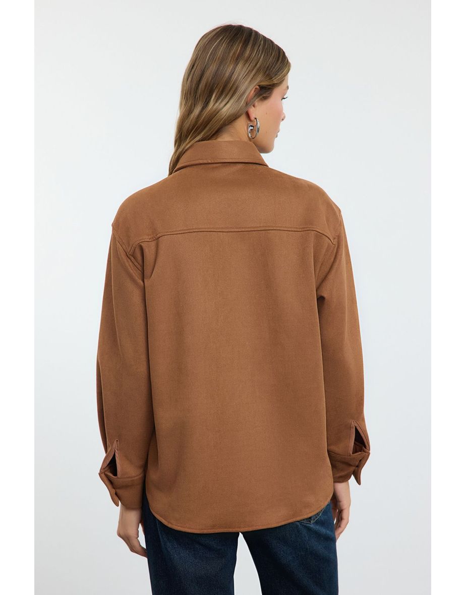 Light Brown Stone Detailed Suede Fabric Oversize Wide Pattern Woven Shirt - 4