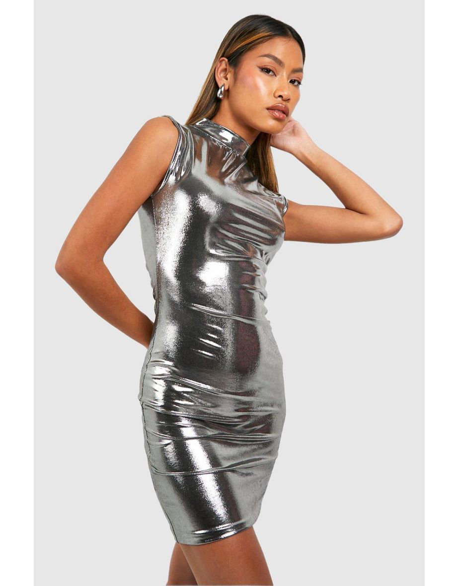 Metallic High Neck Mini Dress - silver