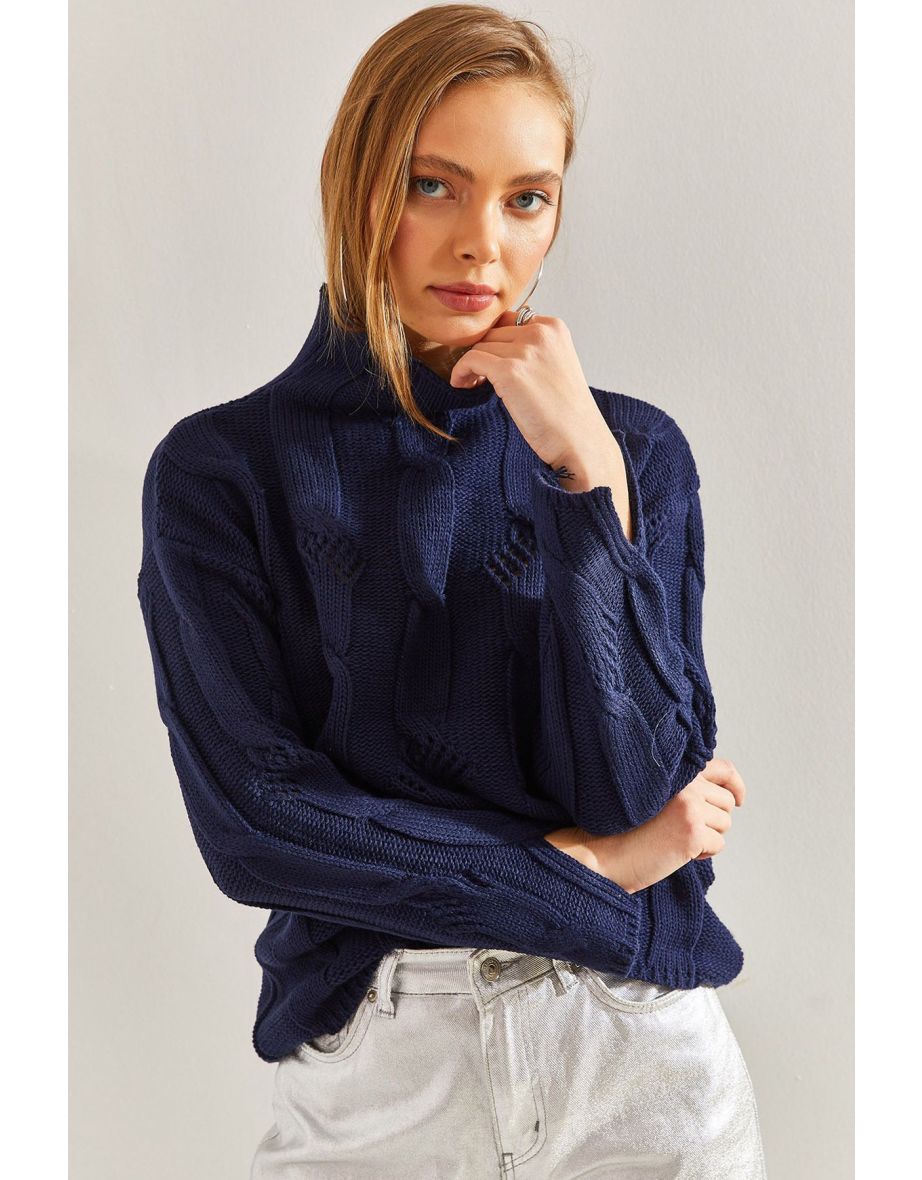 Women's Half Turtleneck Hair Knitted Patterned Knitwear Sweater - 5