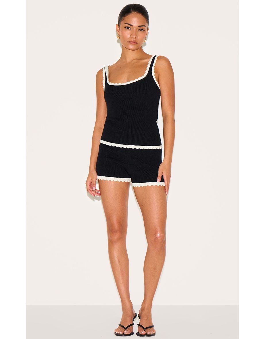 Petite Black Knitted Scallop Edge High Waisted Shorts