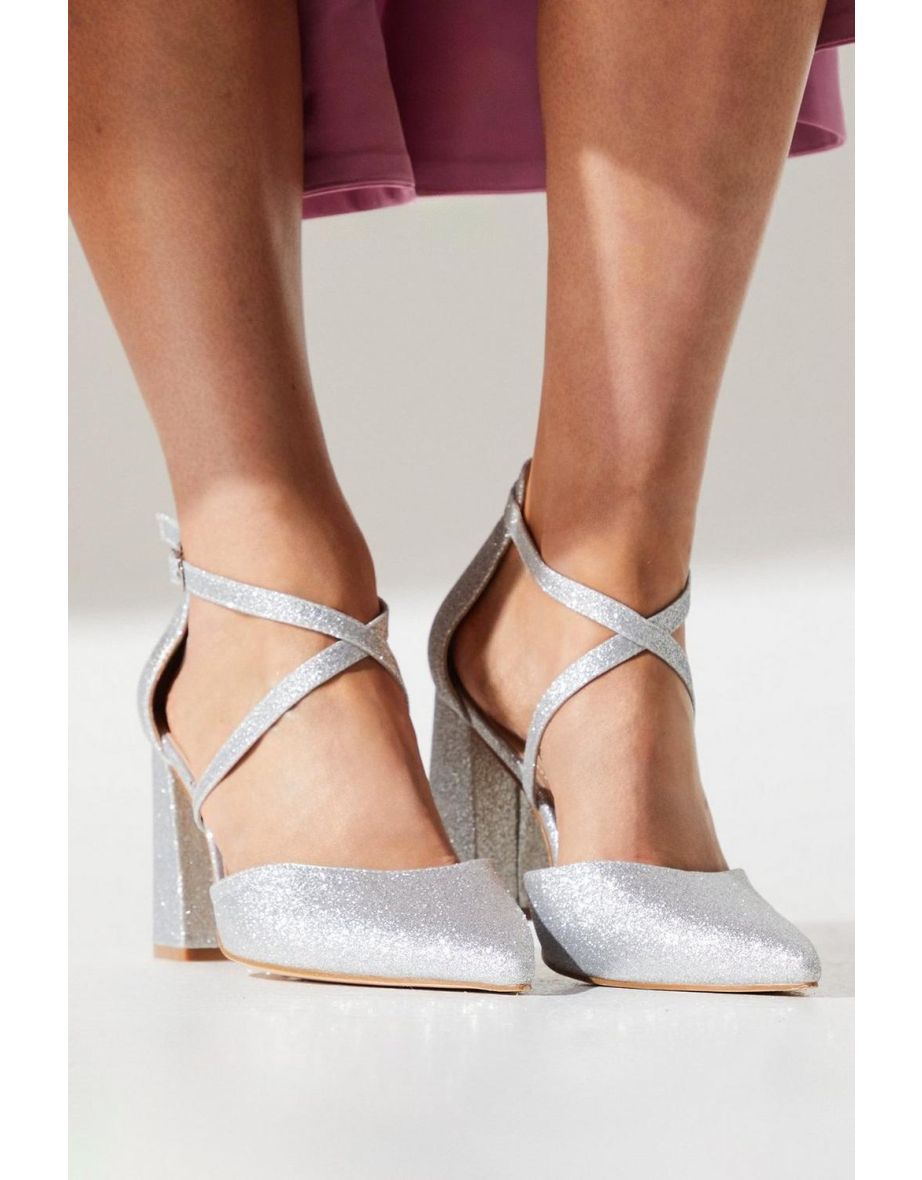 Wide Fit Treat Glittter Cross Strap Pointed Block Heel Court Shoes