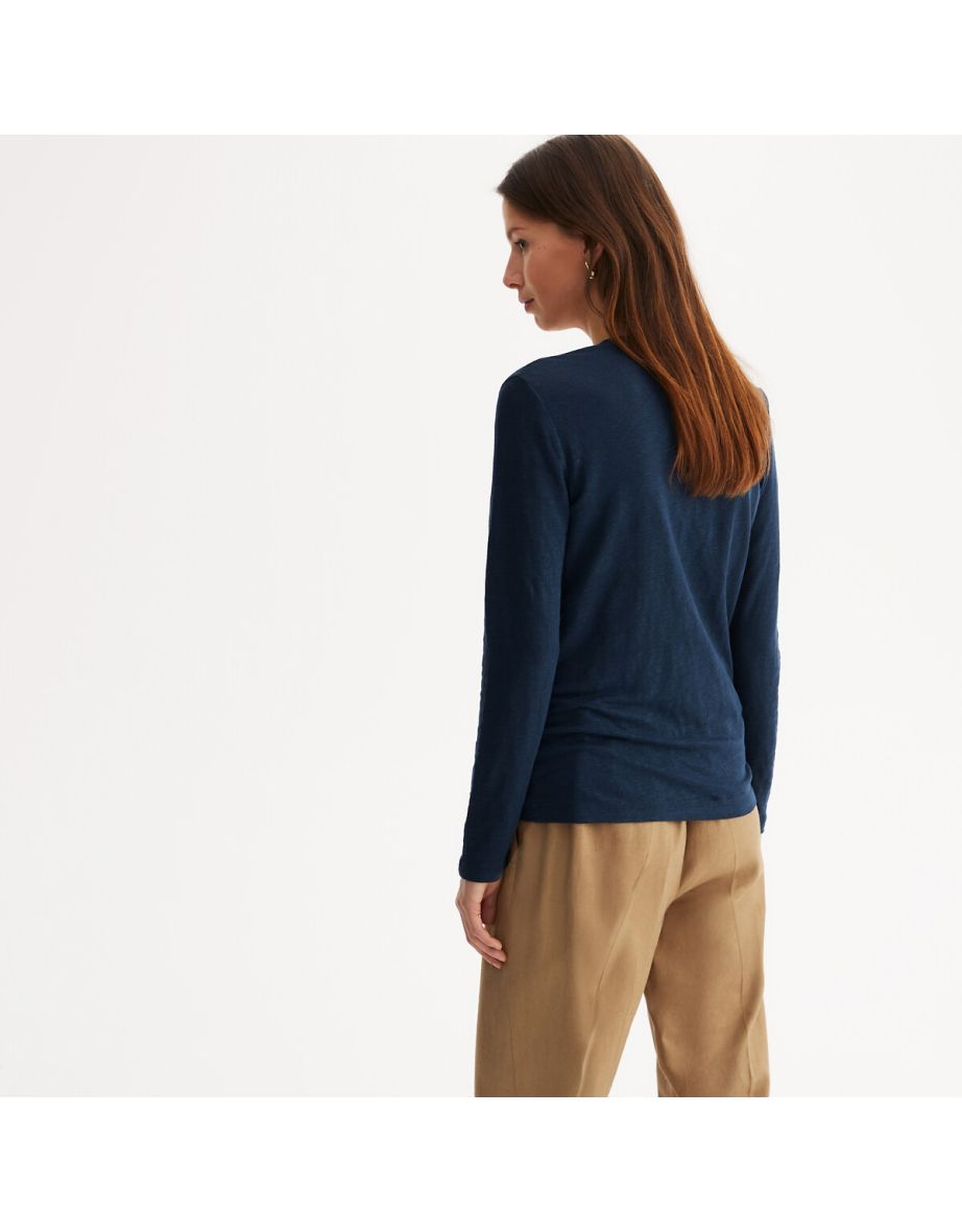 Linen Grandad Collar T-Shirt with Long Sleeves - 3