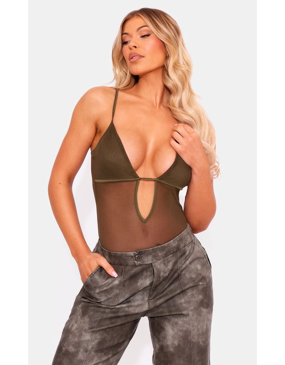 Khaki Mesh Plunge Bodysuit