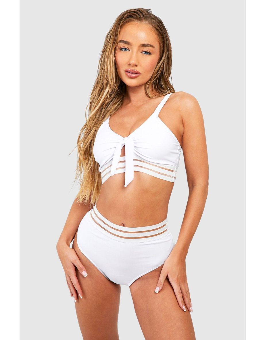 Mesh Tape High Waisted Bikini Set - white