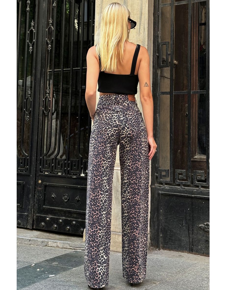 Women's Black Camel Leopard Patterned Loose Fit Wide Leg Jeans - 5