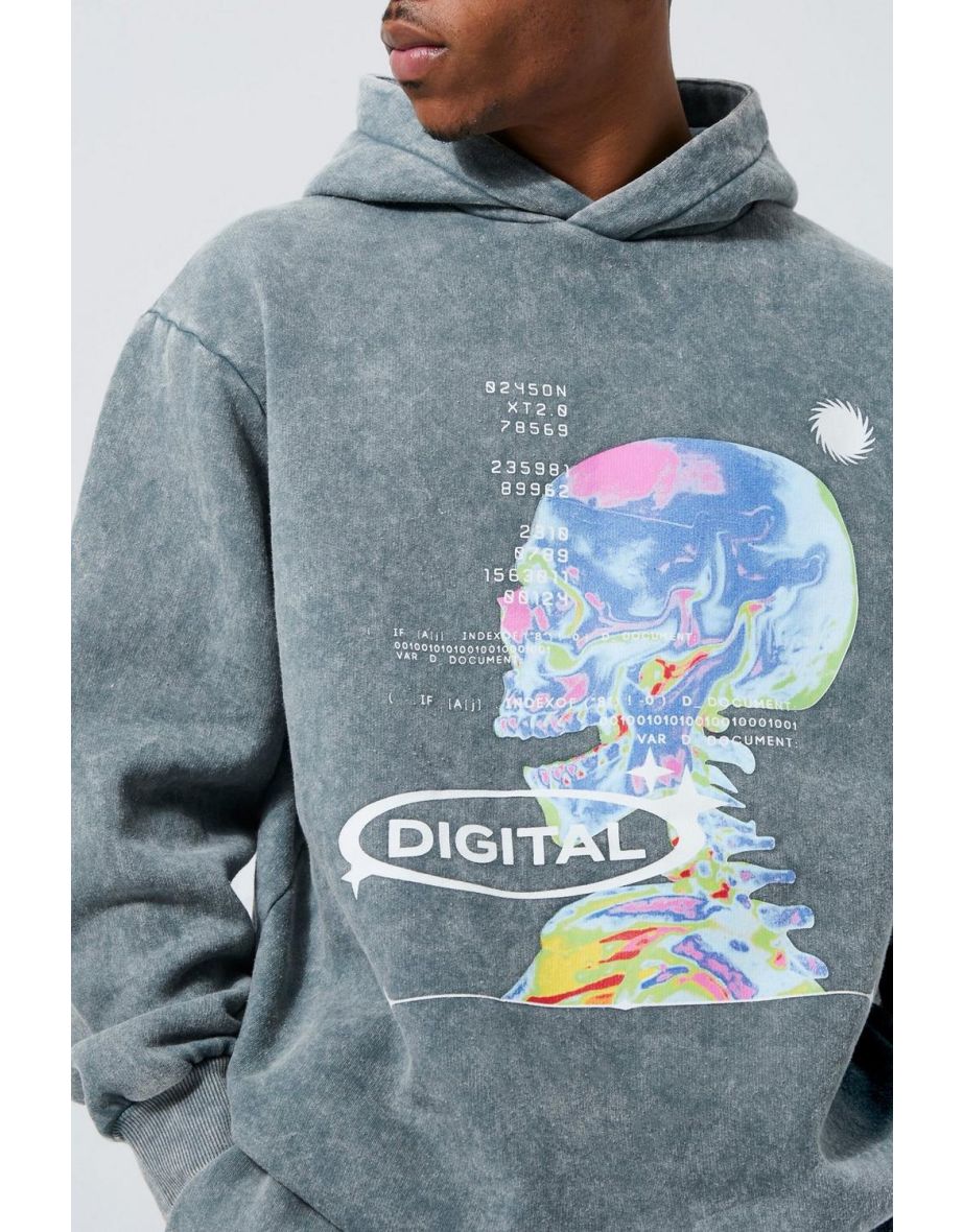 Oversized Washed Graphic Hoodie - charcoal - 2