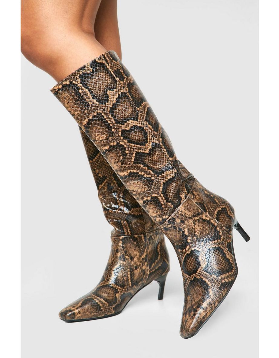 Wide Fit Snake Print Low Square Toe Knee High Boots - brown