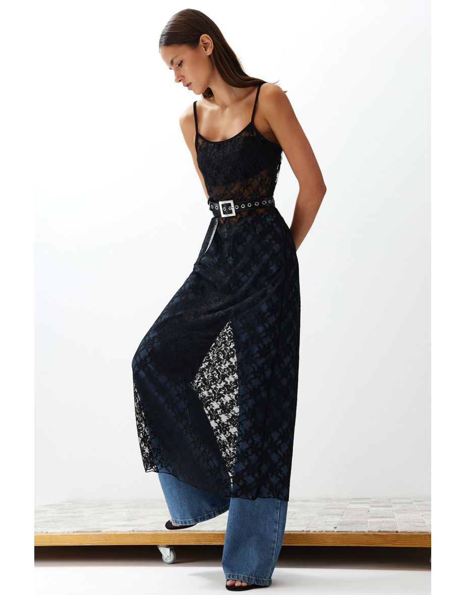 Black Lace Straps Fitted Flexible Knitted Maxi Dress