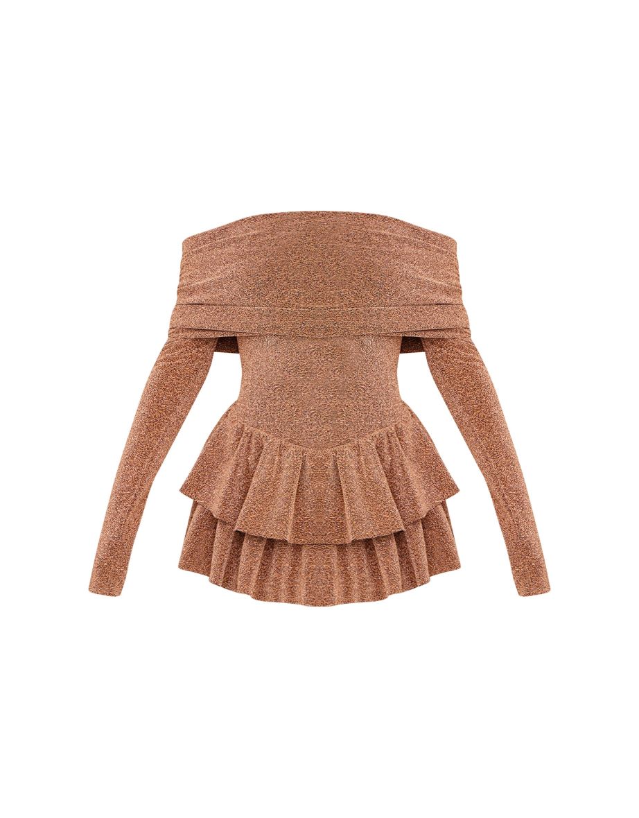 Gold Glitter Bardot Long Sleeve Rara Playsuit - 4
