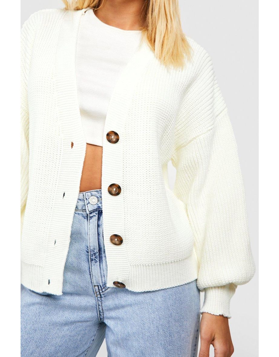 Balloon Sleeve Button Through Rib Cardigan - ivory - 3