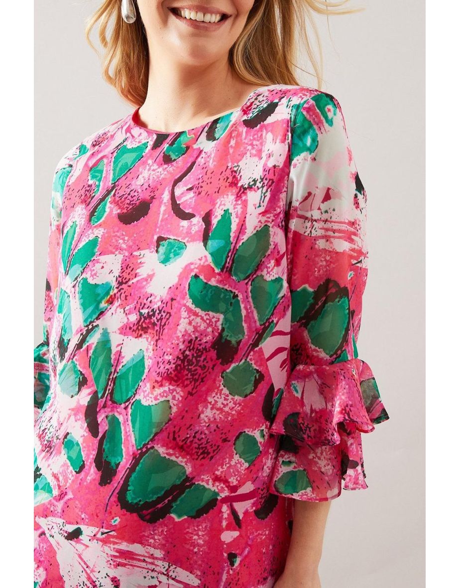 Abstract Ruffle Sleeve Shift Dress - 3