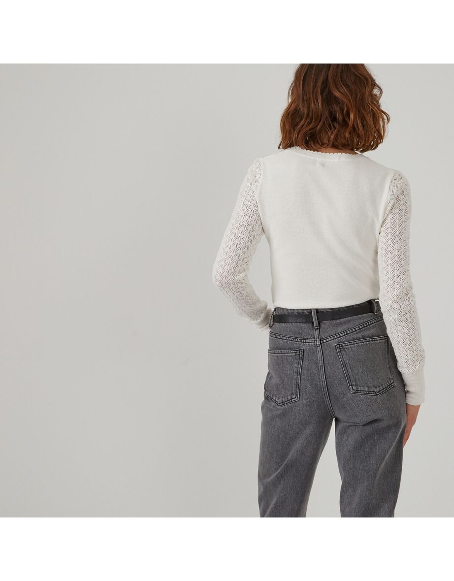 Cotton Pointelle Knit Jumper/Sweater with Crew Neck - 3