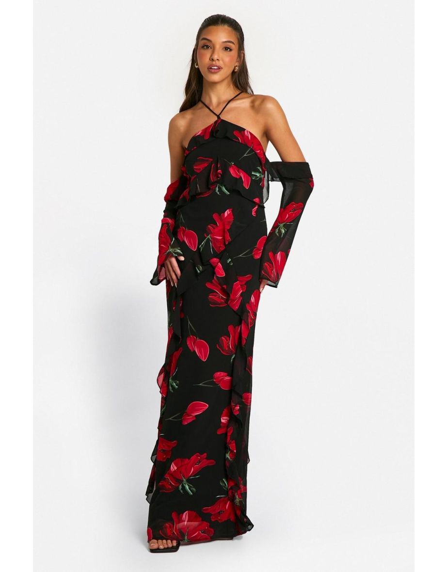 Printed Floral Chiffon Ruffle Maxi Dress - black