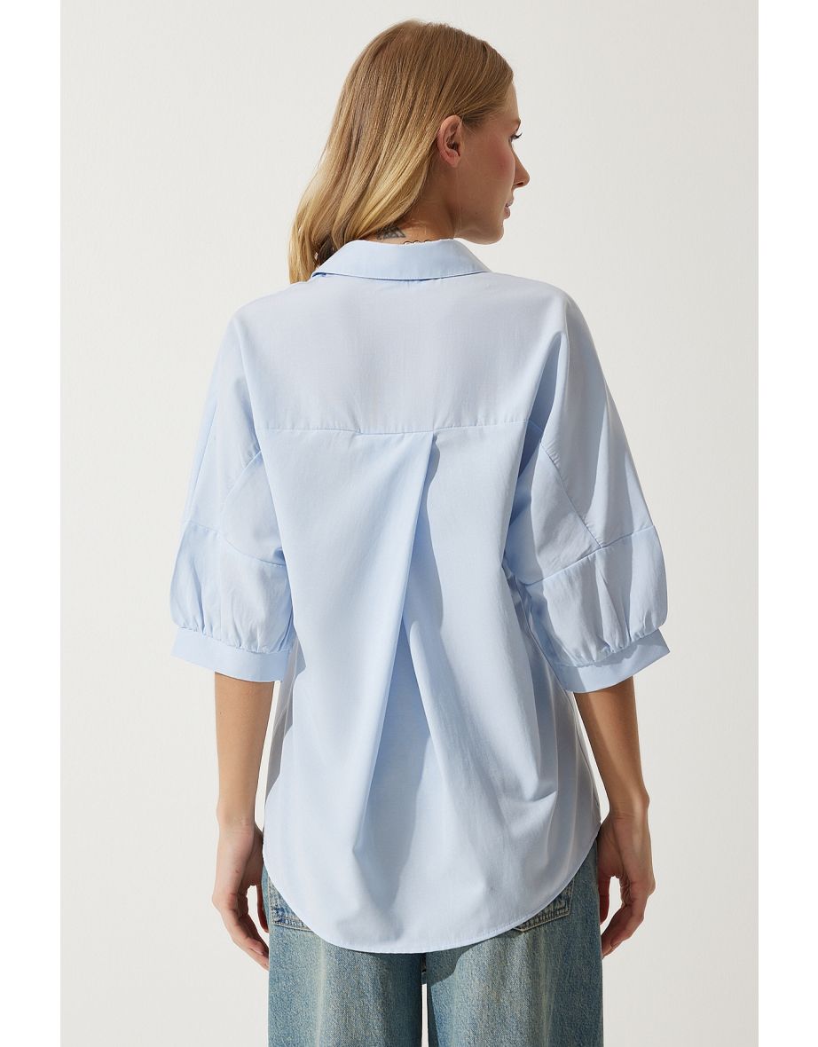 Women's Sky Blue Balloon Sleeve Poplin Shirt - 5