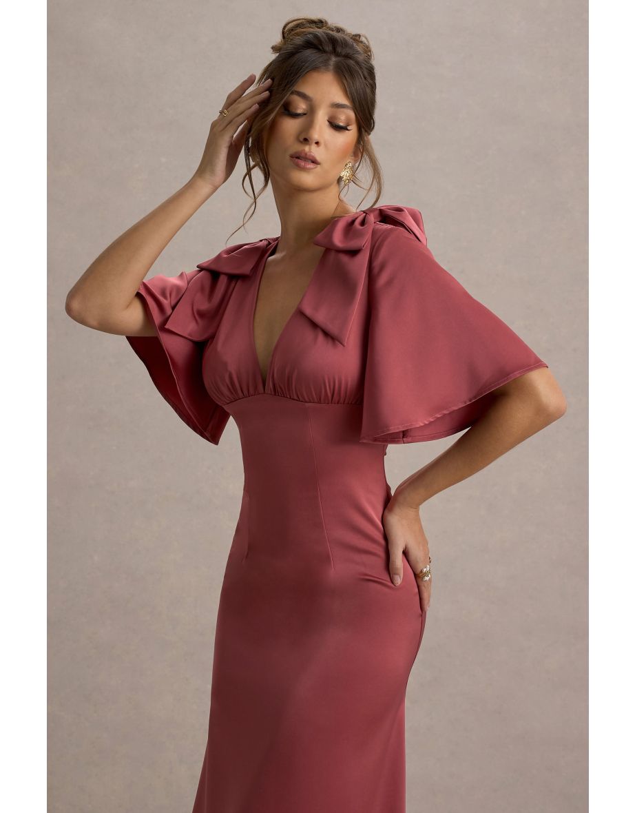 Danna | Rose Pink Satin V-Neck Short-Sleeve Midi Dress - 5