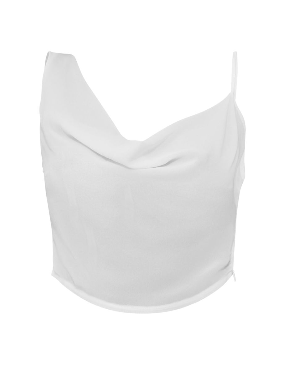 White Chiffon Asymmetric Cowl Neck Crop Top - 4
