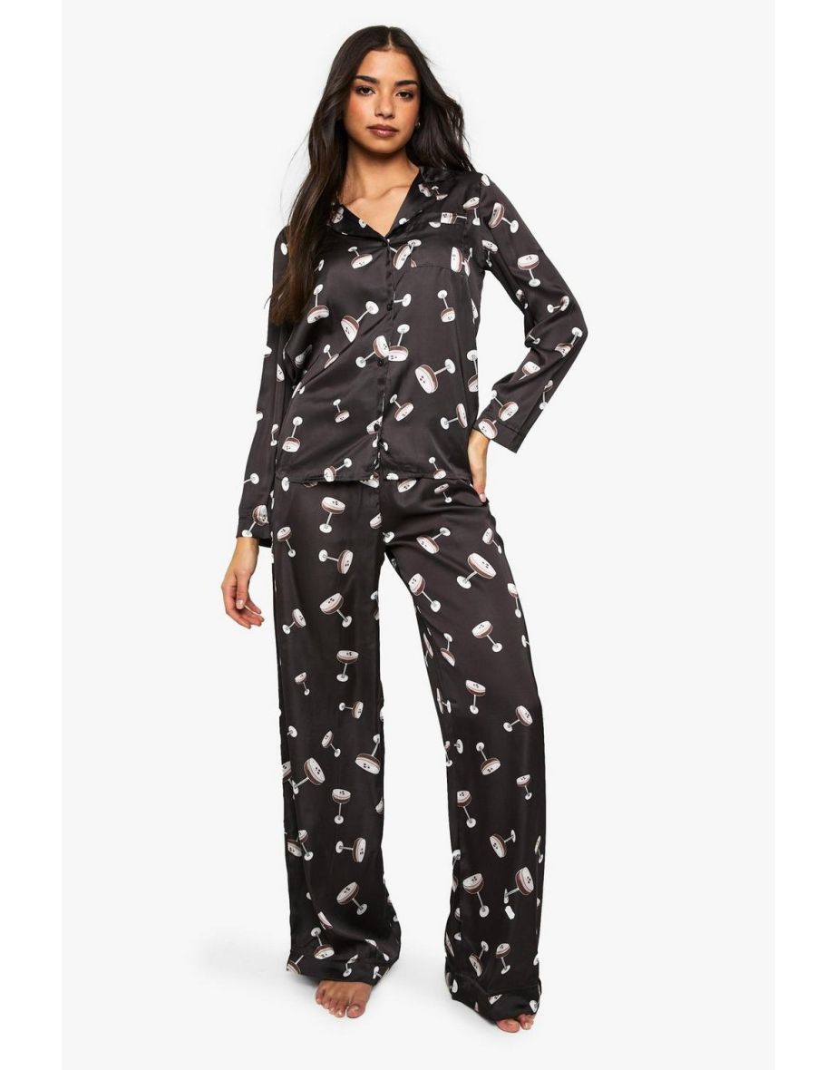Espresso Martini Print Satin Long Sleeve Shirt & Trousers Pyjama Set - chocolate