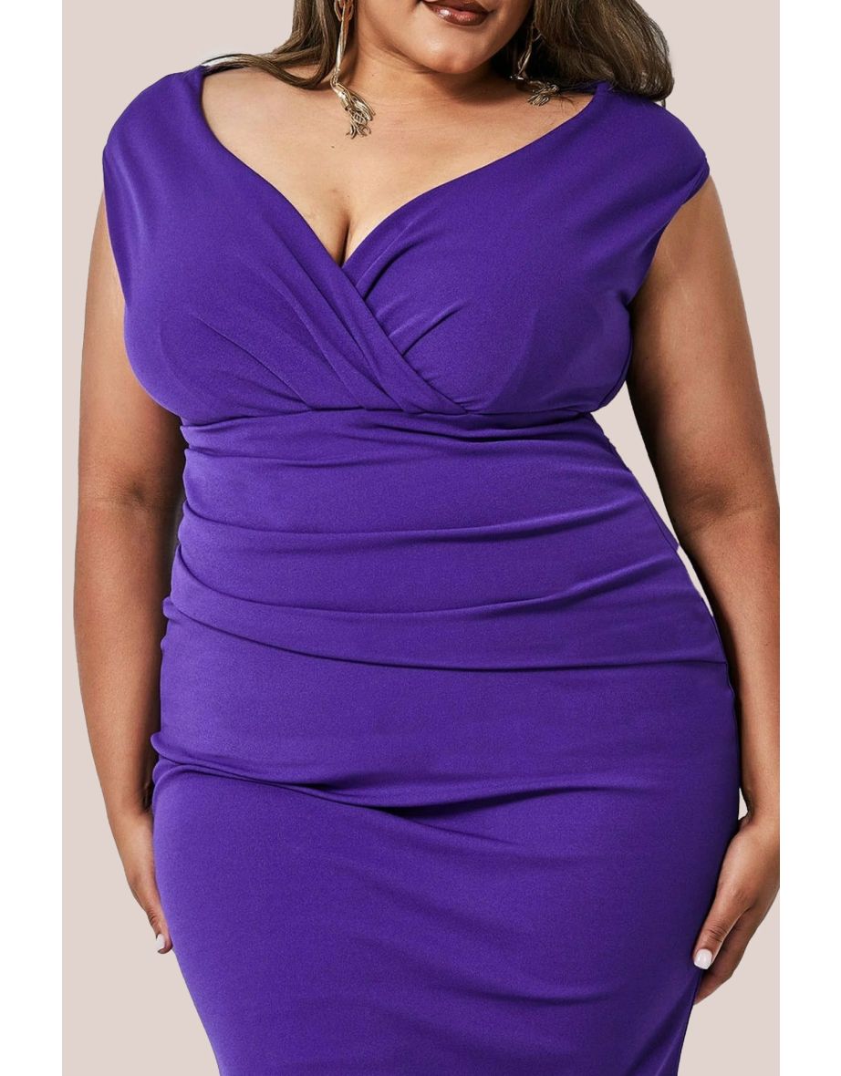 Goddiva Plus Bardot Pleated Maxi Dress - Purple - 3