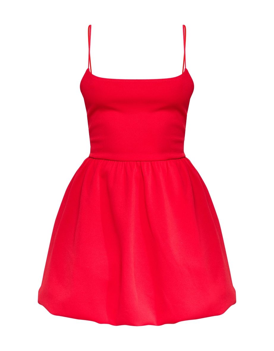 Red Strappy Scuba Puffball Dress - 4
