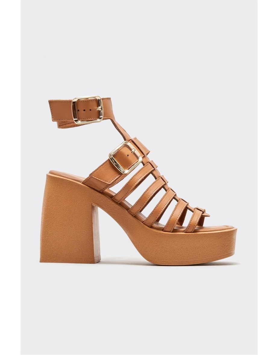Tan Leather Women's Heeled Sandals