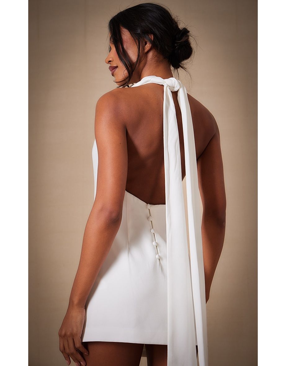 Premium White Woven Tie Halter Neck Dress - 3