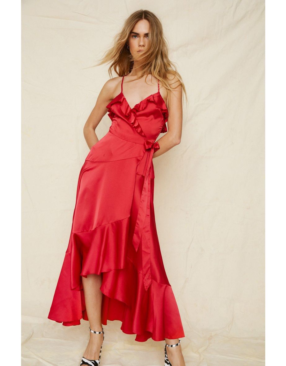 Shop Satin Ruffle Wrap Maxi Dress Online in Bahrain VogaCloset