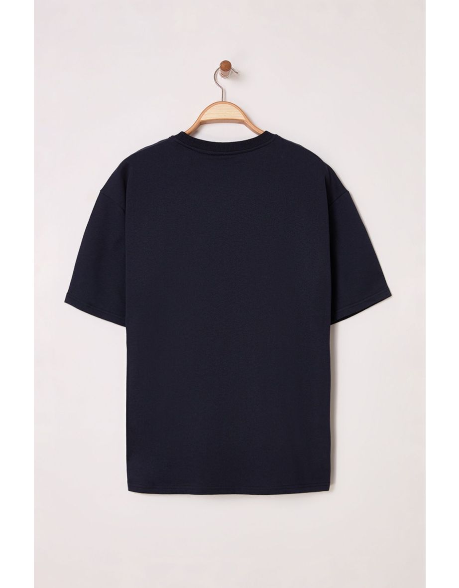 Navy Blue Oversize/Wide Cut Ethnic Embroidered T-Shirt - 3