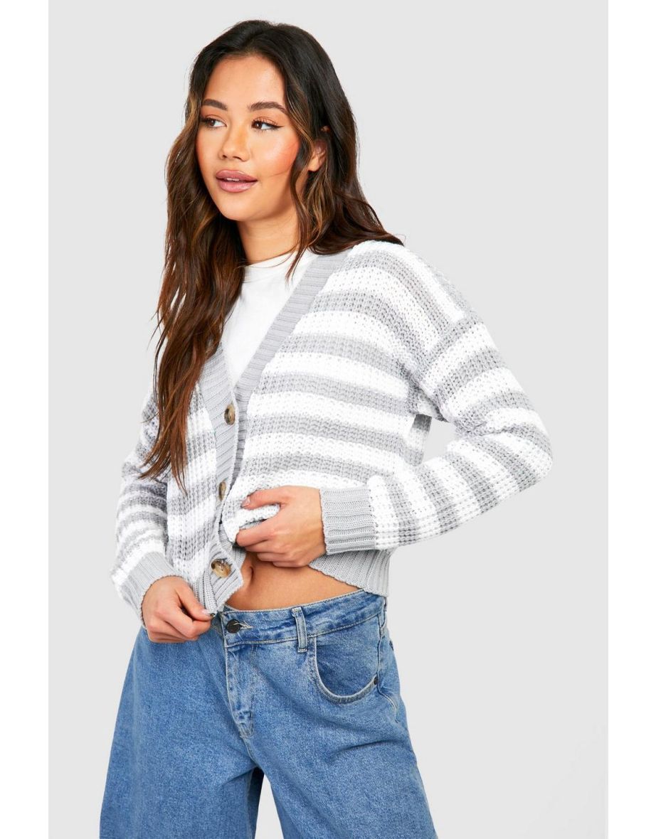 Skinny Stripe Button Through Crop Cardigan - grey