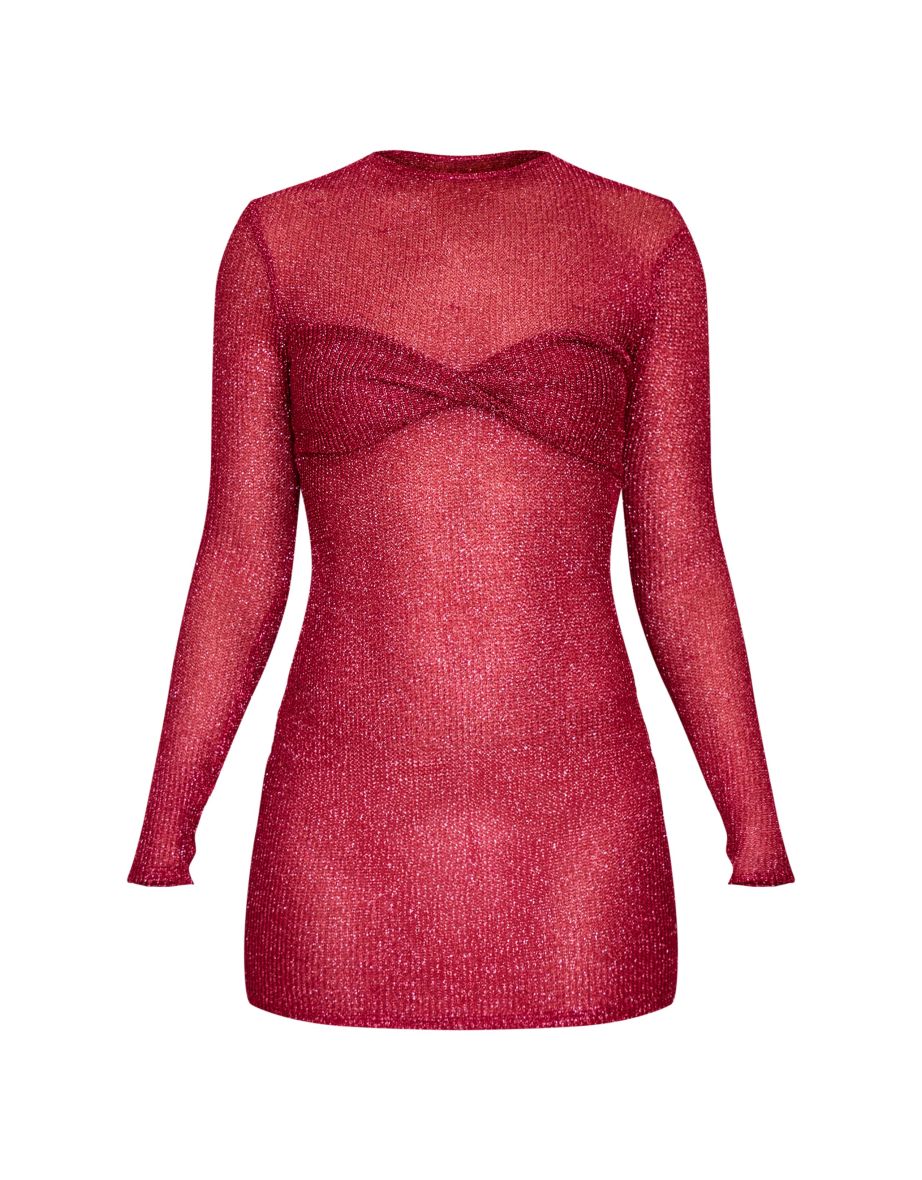 Cherry Red Metallic Ribbed Twist Bust Long Sleeve Mini Dress - 4