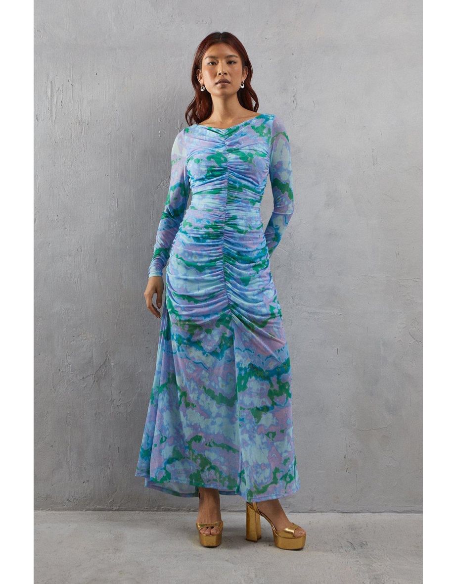 Abstract Marble Mesh Fitted Ruched Midi Dress