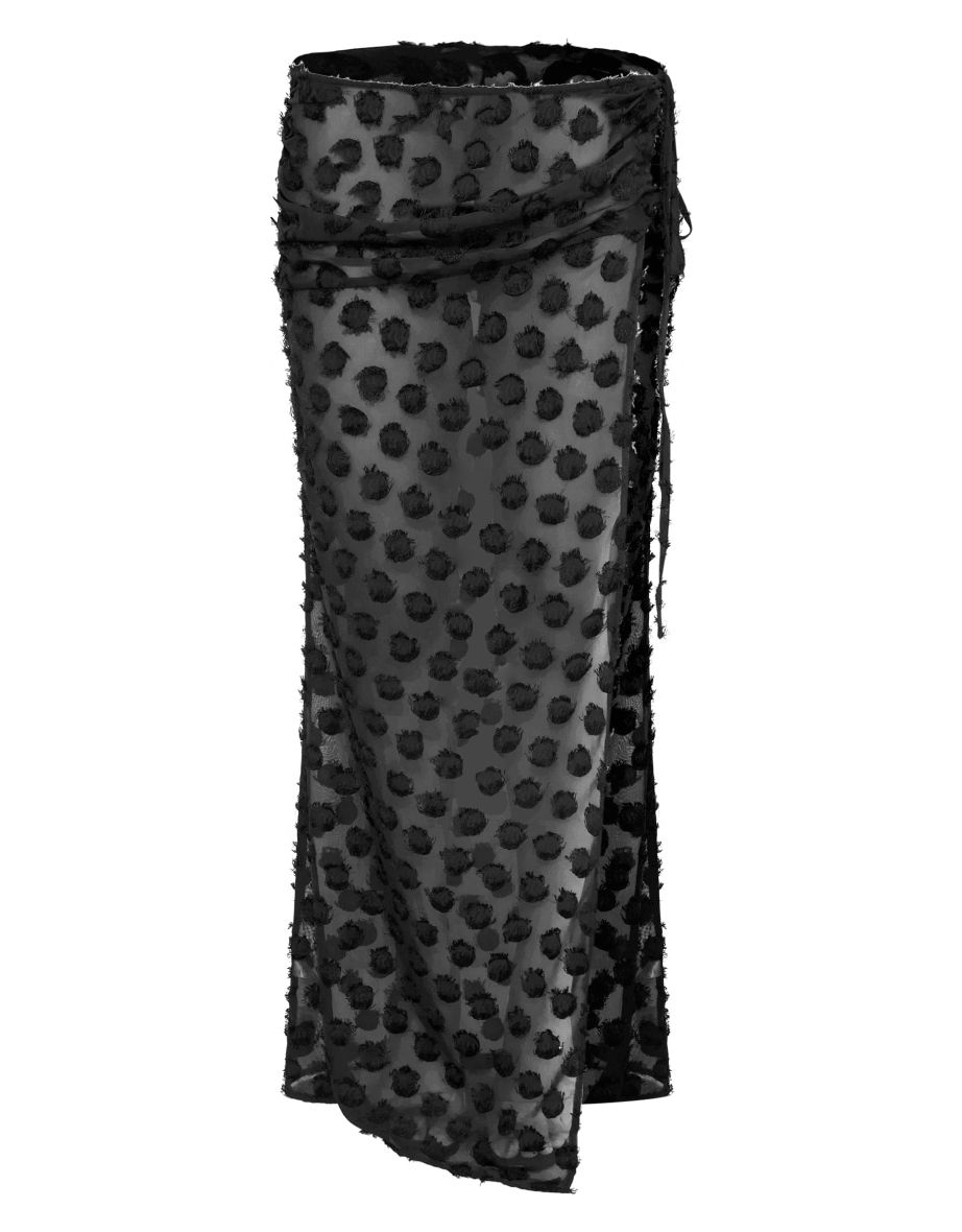 Black Distressed Sheer Polka Dot Tie Waist Maxi Skirt - 3