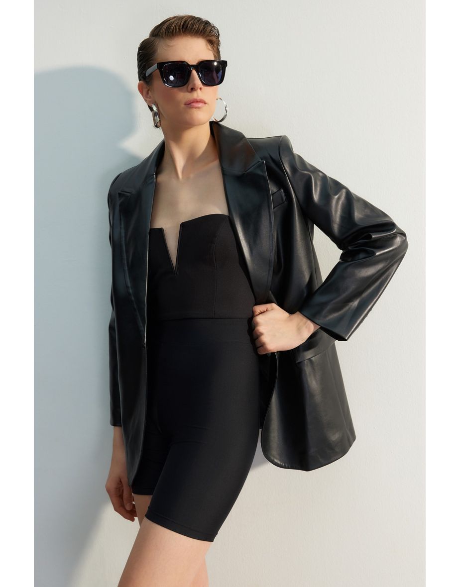 Black Woven Oversize Faux Leather Blazer Jacket