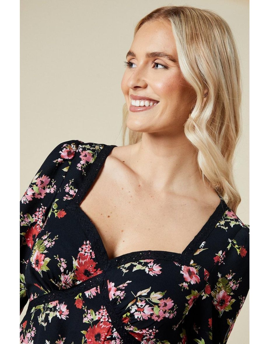 black ditsy floral lace front long sleeve blouse - 3