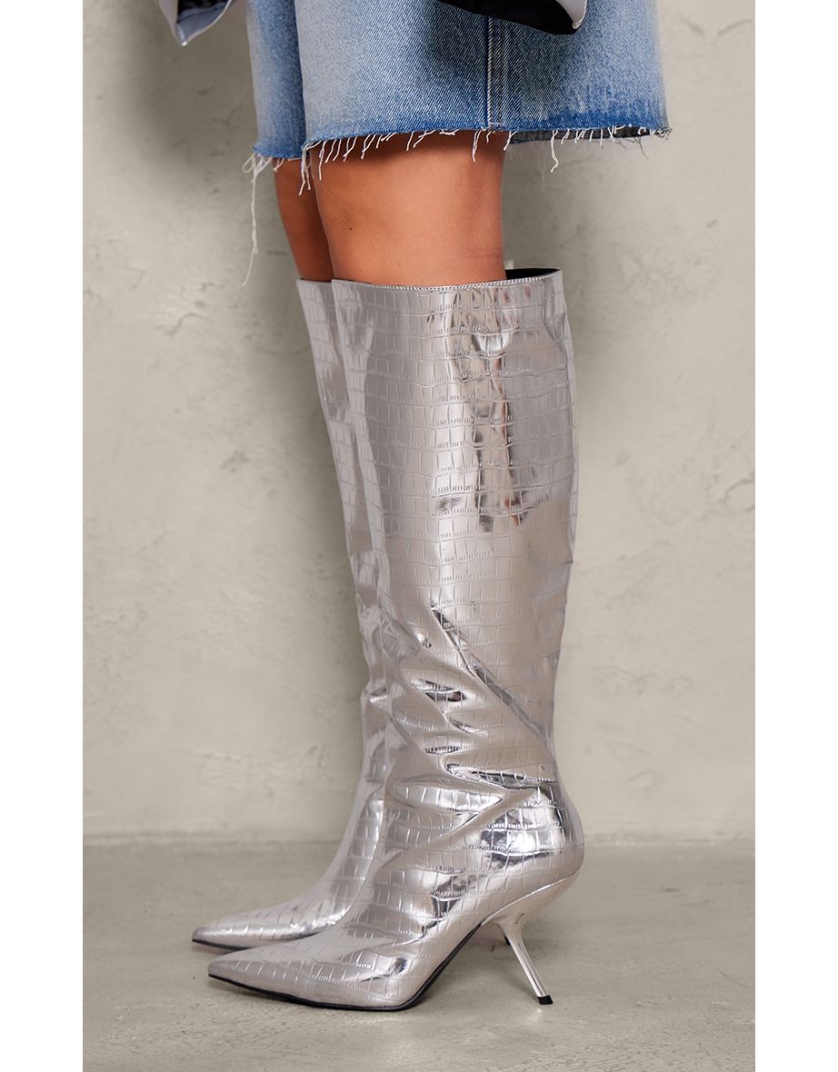 Silver Metallic PU Croc Point Toe Slanted Heel Knee High Boots - 3