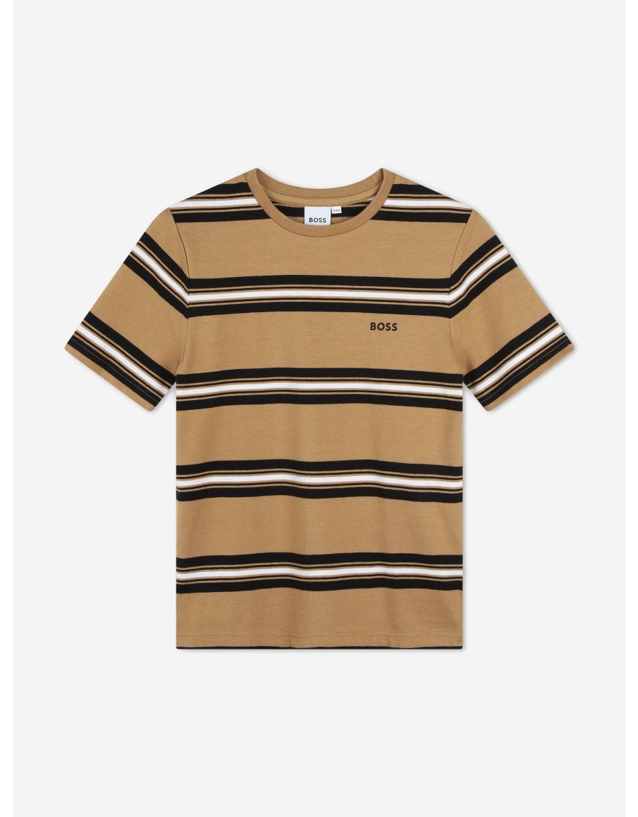 BOSS Boys Striped Logo T-Shirt in Brown