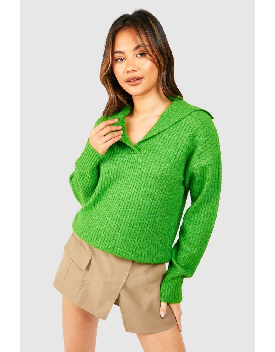 Soft Rib Knit Polo Collar Jumper - green