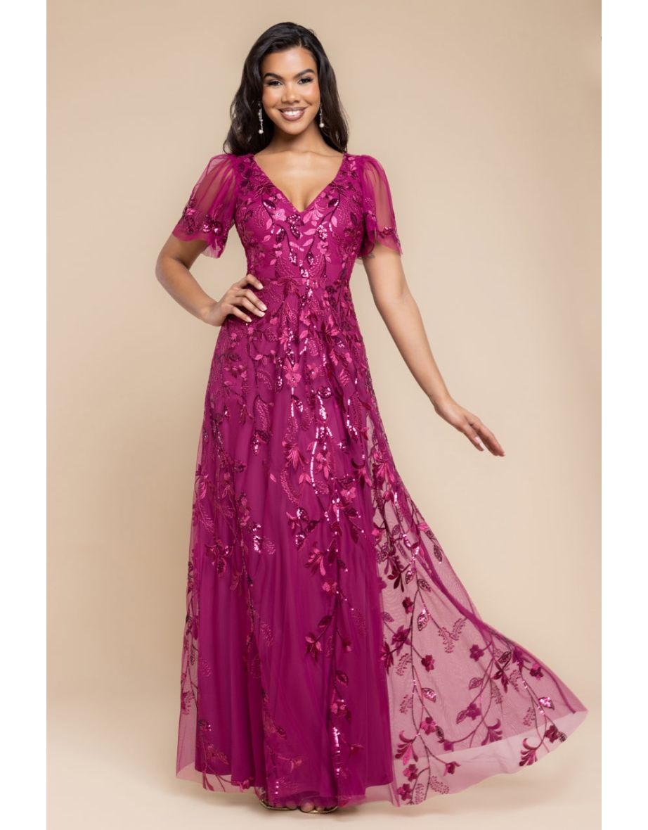 Goddiva Flared Sleeve Embroidered Maxi Dress - Magenta