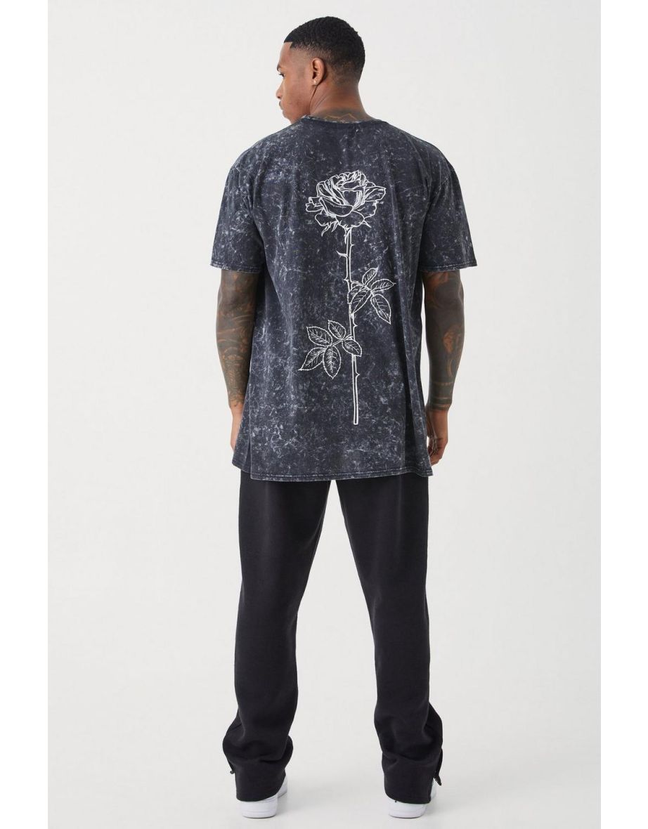 Oversized Acid Wash Rose Stem Print T-shirt - 2