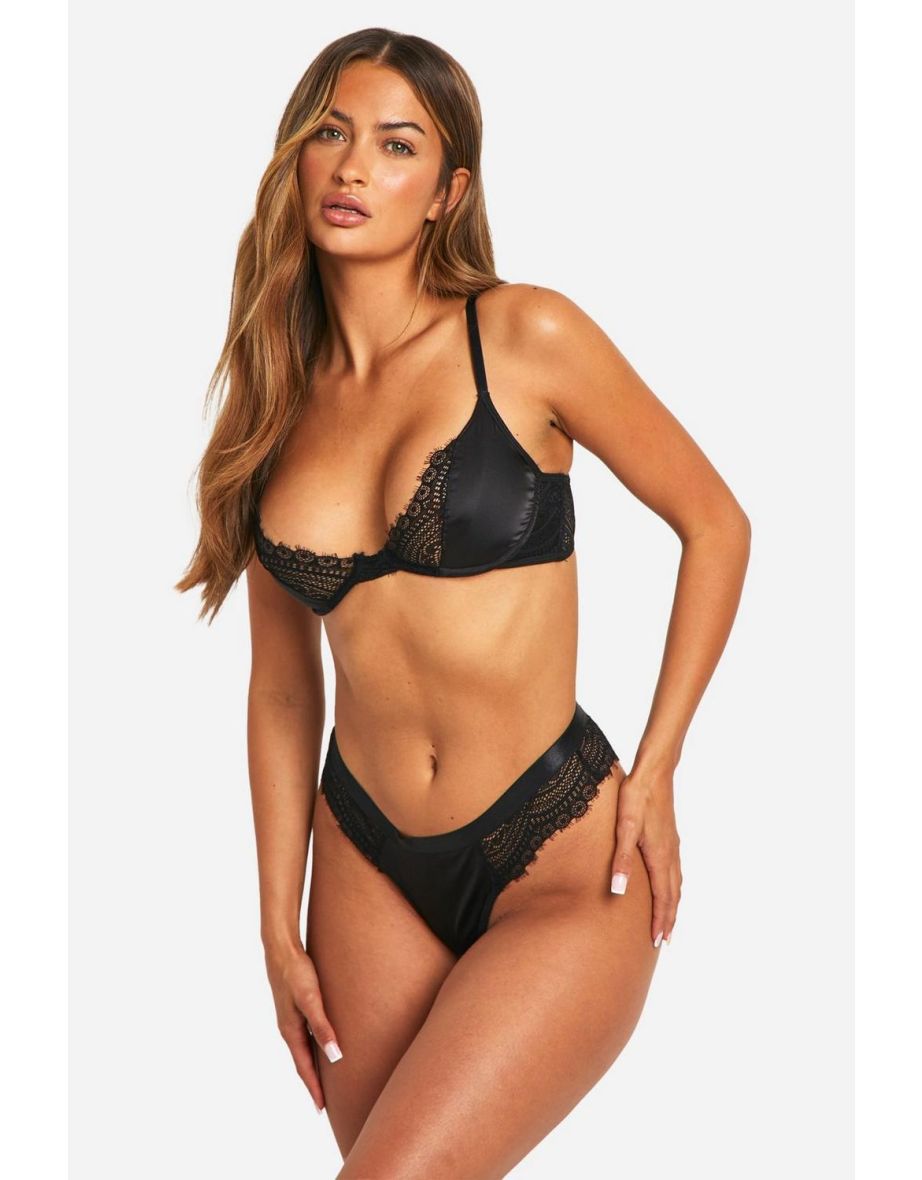 Satin And Lace Bra And Thong Set - black