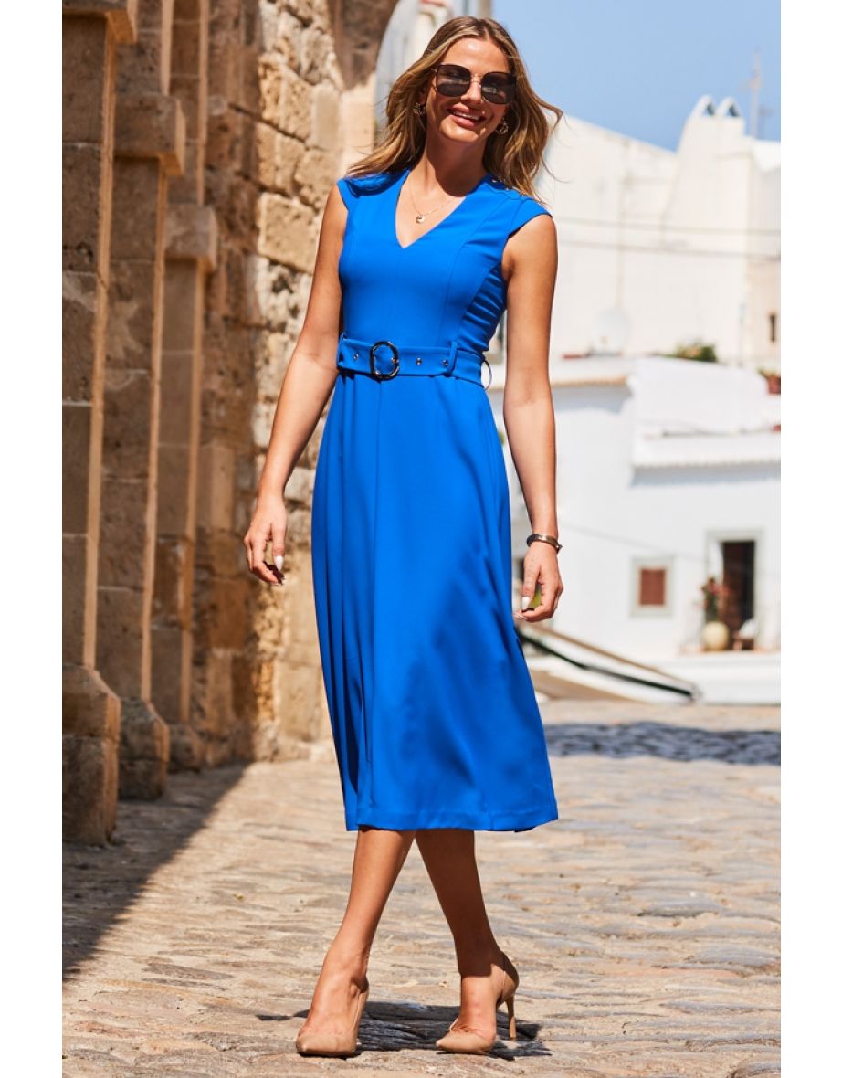 Cobalt Blue Belted Fit & Flare Midi Dress