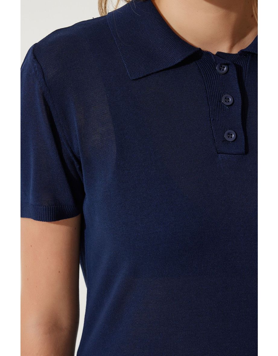 Women's Navy Blue Polo Neck Light Transparent Summer Knitwear - 4