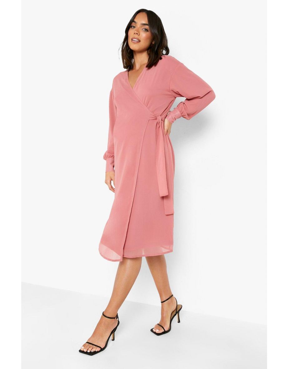 Maternity Occasion Wrap Tie Midi Dress - rose