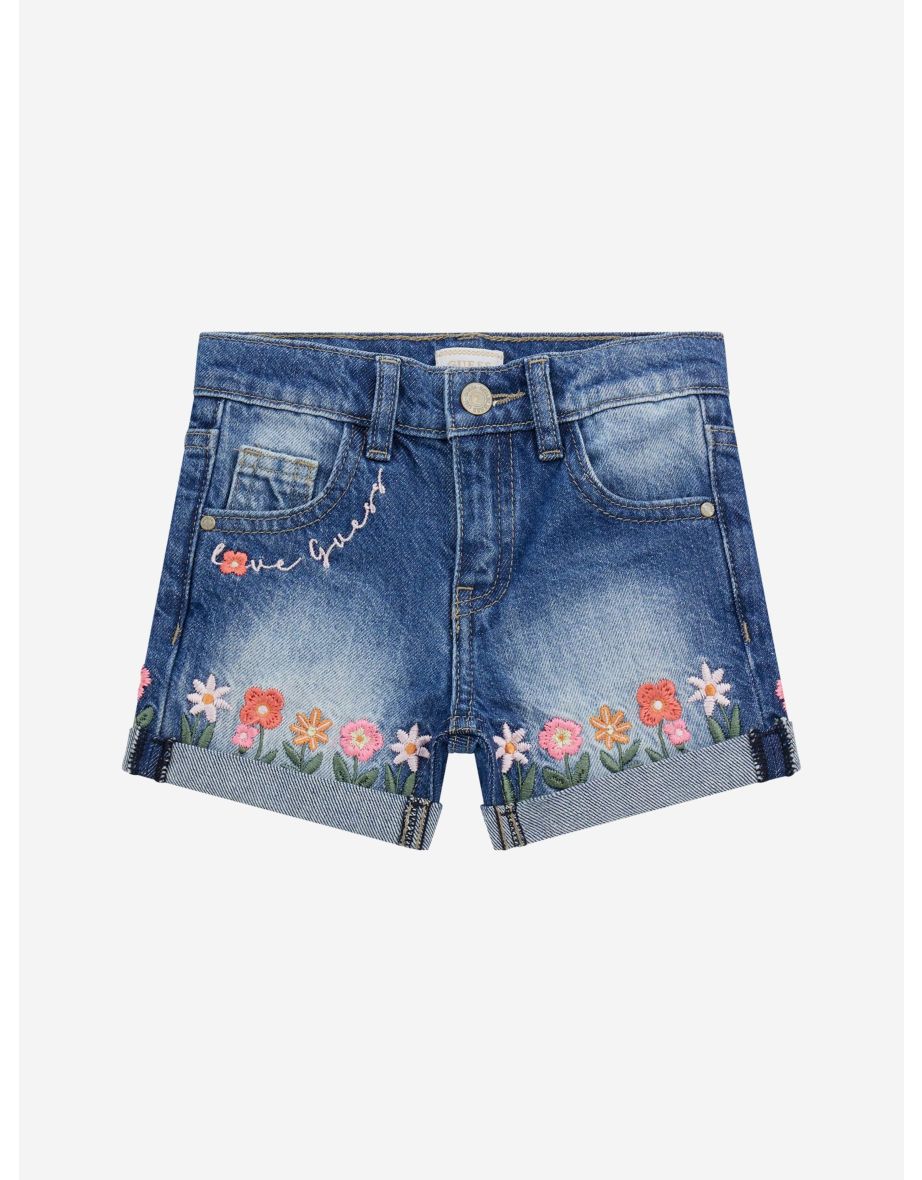 Girls Embroidered Flower Denim Shorts in Blue