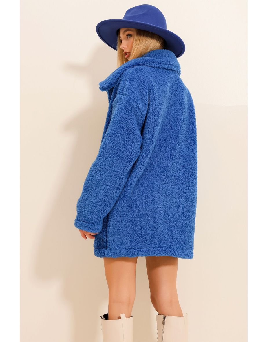 Women's Saxon Polo Neck Double Pockets Front Buttoned Plush Coat - 4