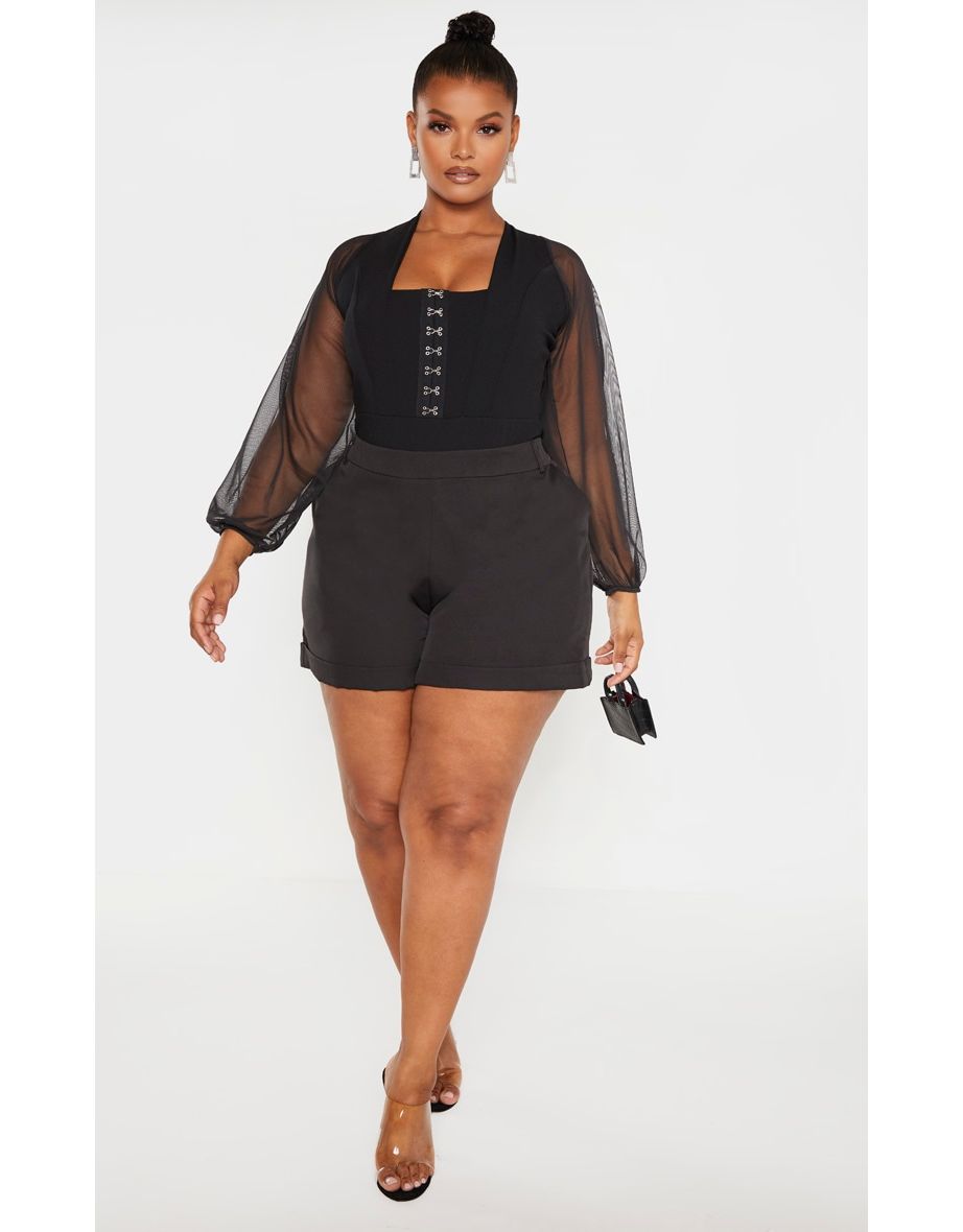Plus Black Eyelet Detail Mesh Sleeve Bodysuit